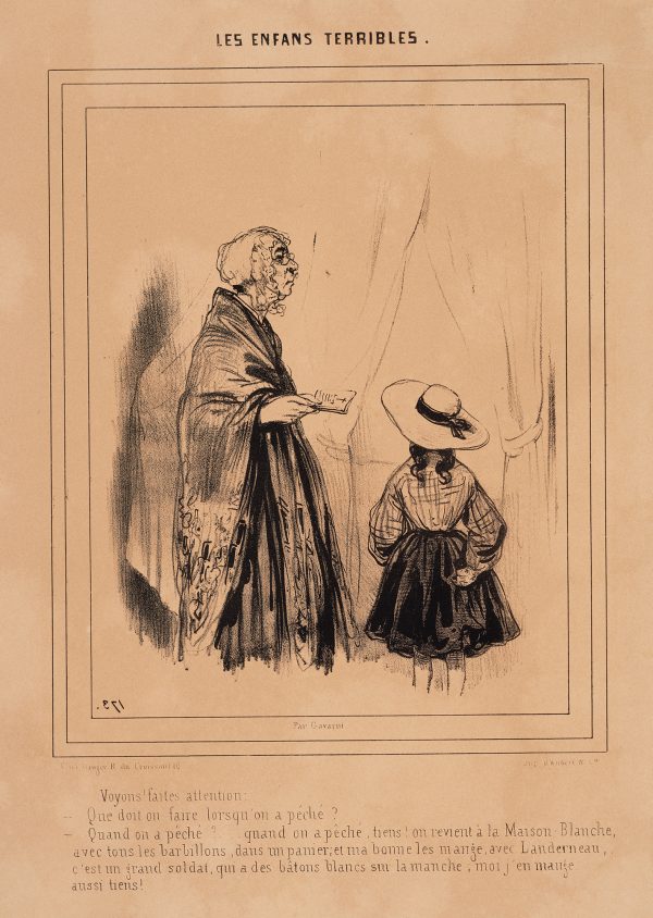 An elderly woman stands holding a book with a cross on it. A young girl in broad hat stands withe her back to the viewer.