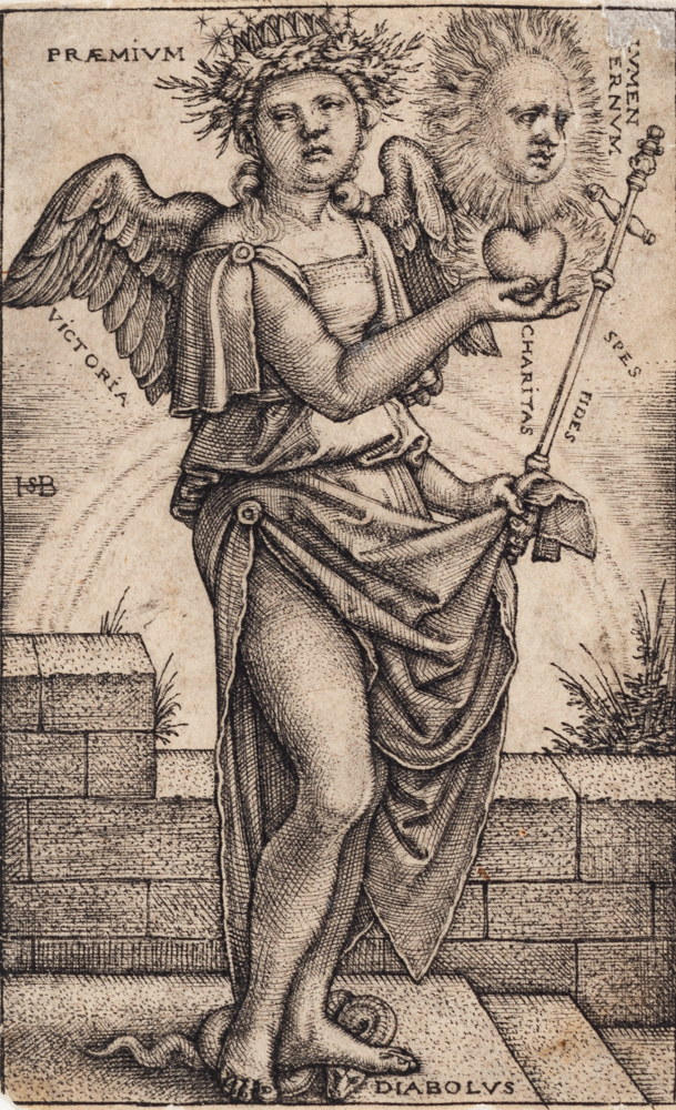 A winged and crowned figure stands on a snake holding a heart in her right hand and a staff in her left.