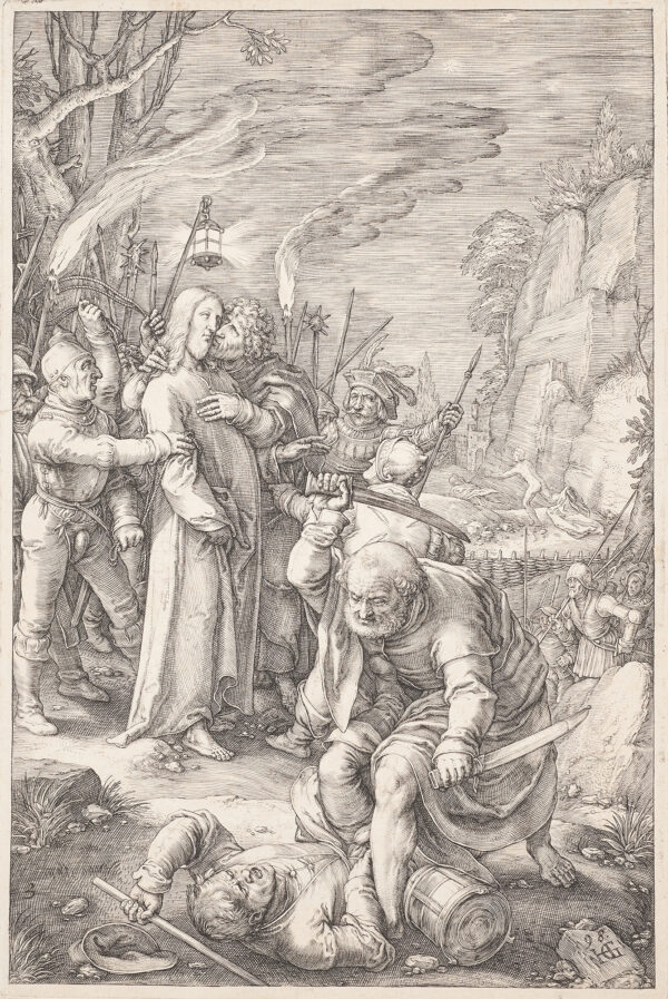 Judas kisses Christ at the left and a man with two short swords menaces a man flat on his back in the foreground. Other soldiers are around and a naked man runs for the city in the background.