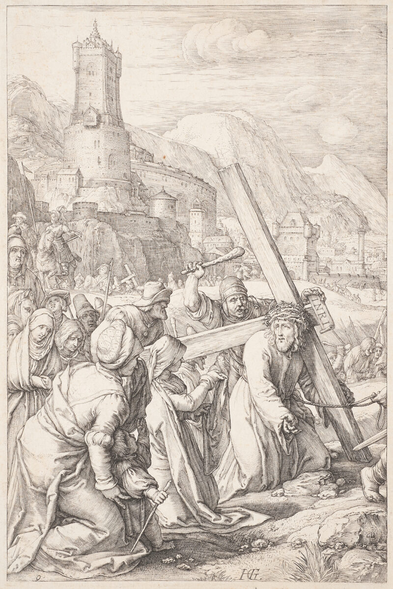 Christ carries his cross through a crowd with the city behind him.