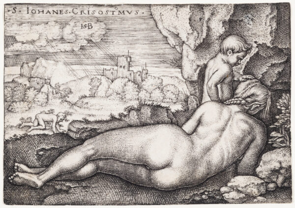 A reclining female nude is seen from behind with a small child. In the distance is another crouching figure and a castle with rays of sunlight.
