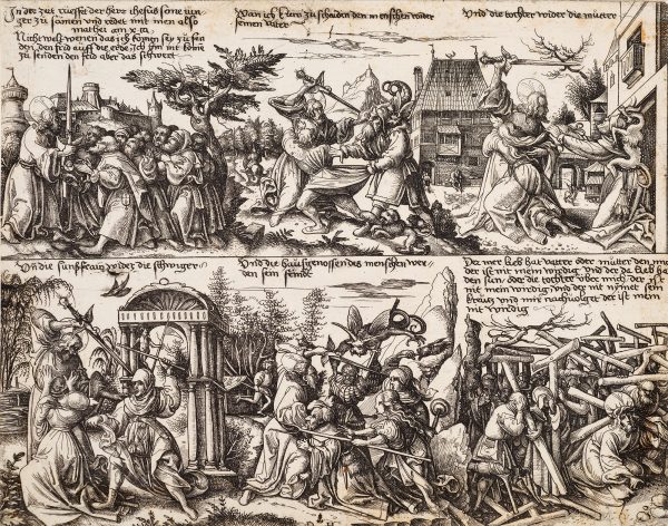 Two rows showing multiple scenes of battles with swords and staff. Men battle fantastic creatures in a narrow space.