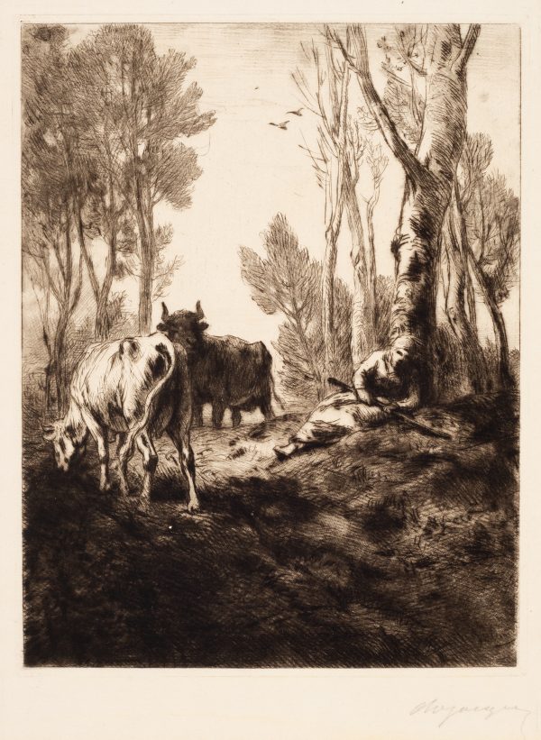 A figure rests below a tree, beside a path, holding a staff. Two cows are to the left with trees behind and two birds in the sky.