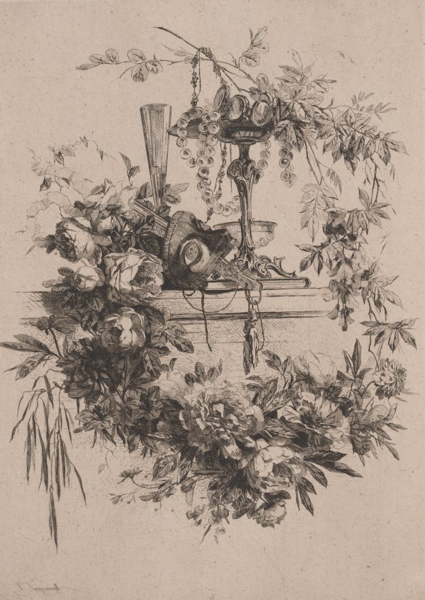 Flowers circle the composition of a mantel on which sits: a fan, a mask, a champagne glass, and a long stemmed Rococo style vessel to hold jewels and branches.
This print was later included in the portfolio 