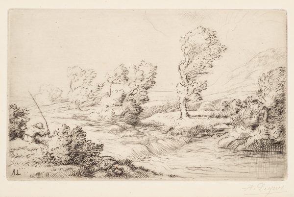 A landscape of a fast flowing river with trees on the banks, hills to the right, a man fishing to the left.