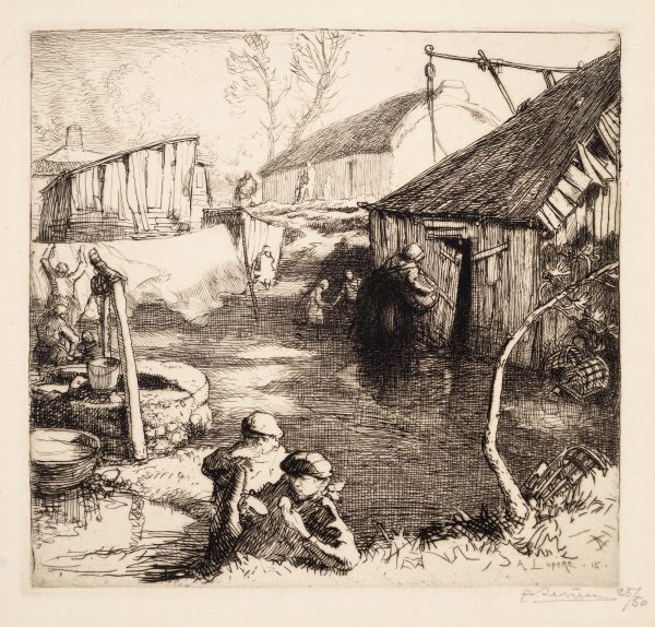 Two figures in the foreground are eating bread with a well to their left and figure hanging sheets on a clothes line. On the right a woman carrying a basket goes into a run-down building.