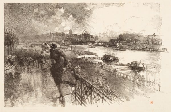 A woman in the foreground holds her dress in the wind, looking at the wet street. Behind is a busy river front and a town along the far bank.