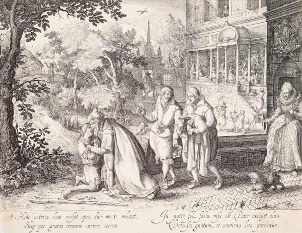 The prodigal son is greeted at the gate with clothes and a party gathers in the background.