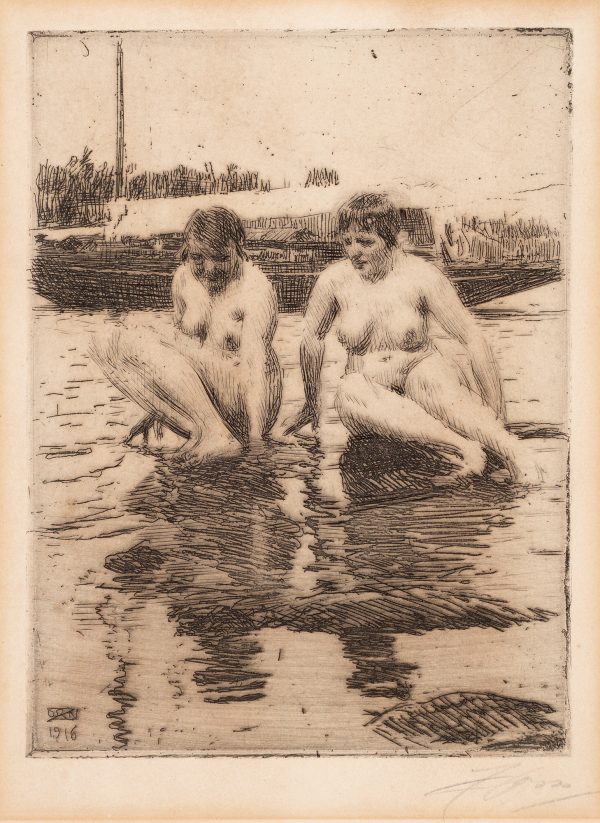 Two female nudes seated near pool of water.