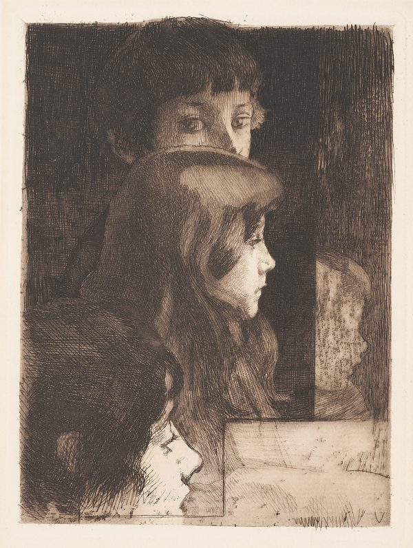 Three heads of children, two in profile and a third partially hidden looking at viewer.
