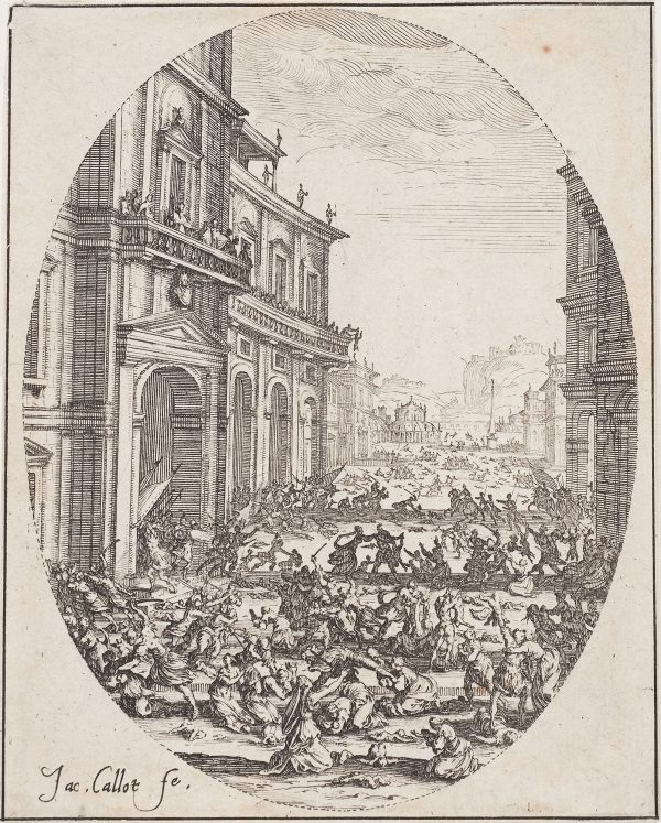 A crowd battles between massive buildings with the town stretching out to the horizon.