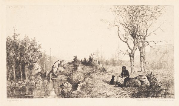 A woman and dog sit in a landscape with water and trees.