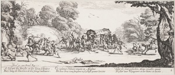 Les Grandes Misиres depict the destruction unleashed on civilians during the Thirty Years' War; Attack on a Coach