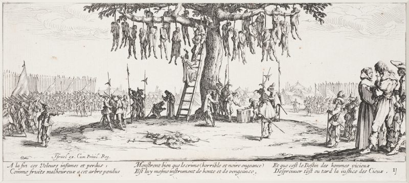 Les Grandes Misиres depict the destruction unleashed on civilians during the Thirty Years' War; The Hanging