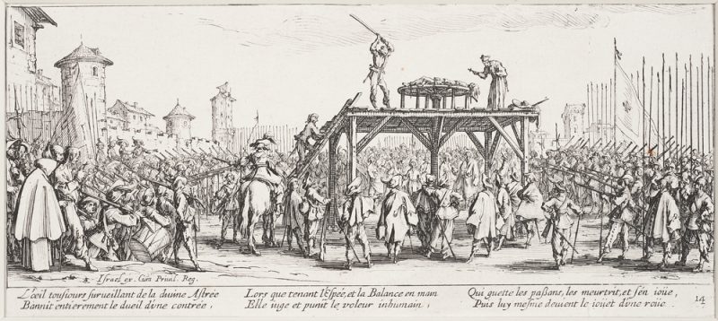 Les Grandes Misиres depict the destruction unleashed on civilians during the Thirty Years' War; The Wheel