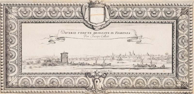 A drawing of a scrolled frame around a view of a city with ships in the harbor.