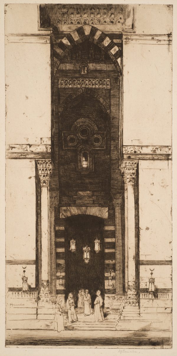 Figures gather at the base of a monumental entrance.  The iwan entryway is made up of traditional vaulting and muqarnas vaulting techniques.