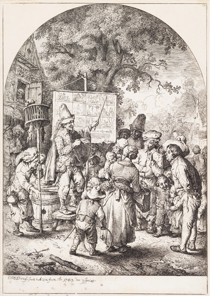 A man stands on a stool with pointer, pointing at a panel divided into 12 pictures. He speaks to a crowd of various ages and professions including the rat catcher on the left.