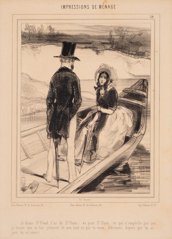 A man in a top hat stands with his back to the viewer in a boat facing a seated woman with bonnet. Both have umbrellas.