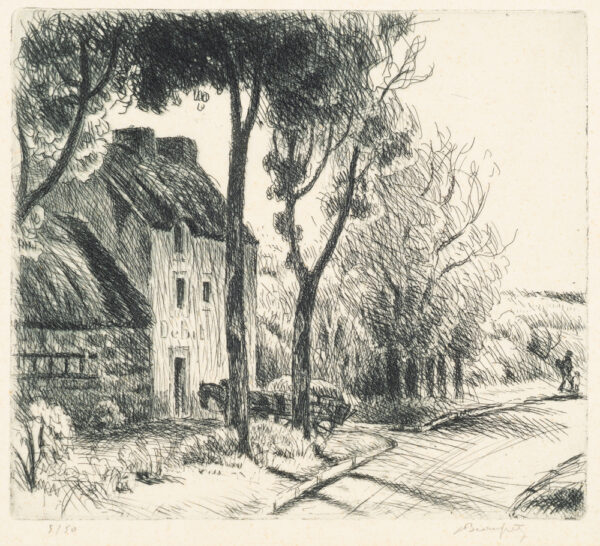 A large house surrounded by trees stands beside a road with two figures on the right side.