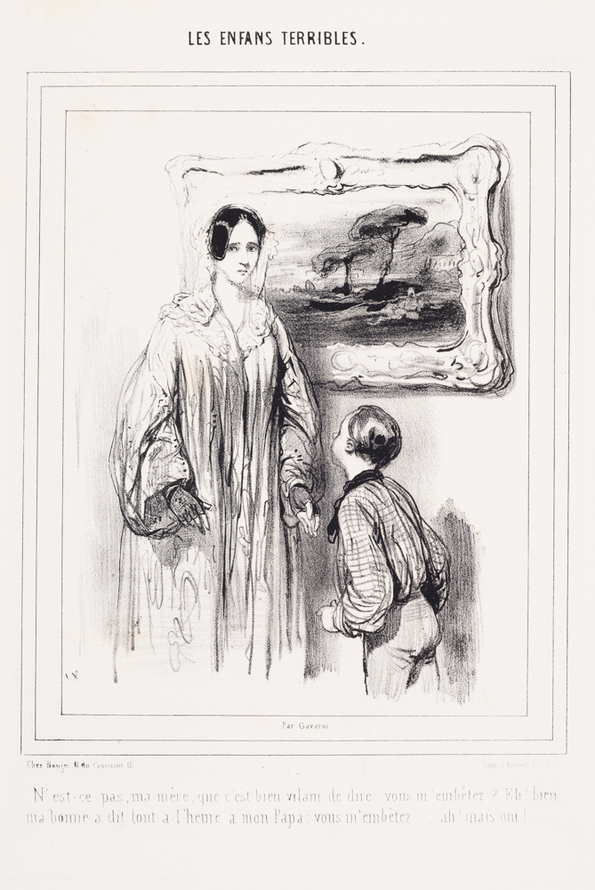 A boy looks up to a woman in flowing dress and head scarf who stands before a painting of a landscape.