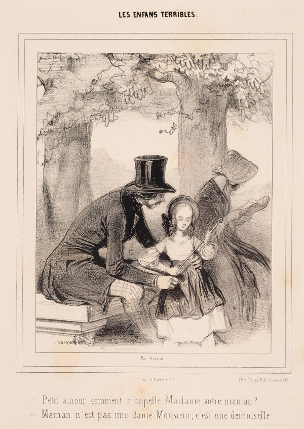 A man in top hat plays with a cane with a girl wearing a bonnet. A woman in bonnet sits reading behind them.
