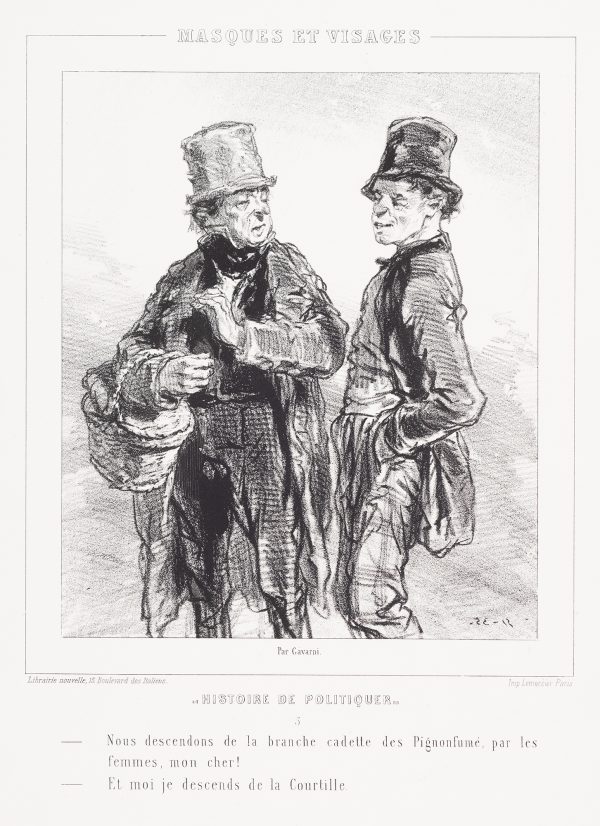 Two men in conversation. Both wear top hats and one carries a basket