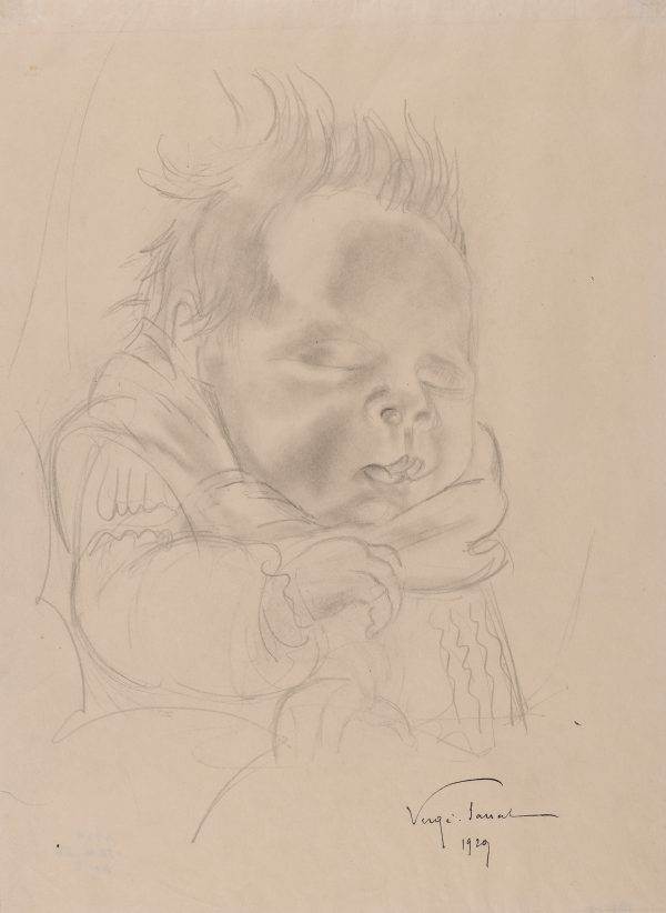 A drawing of a child with eyes closed, puffy cheeks, and hair standing straight up.