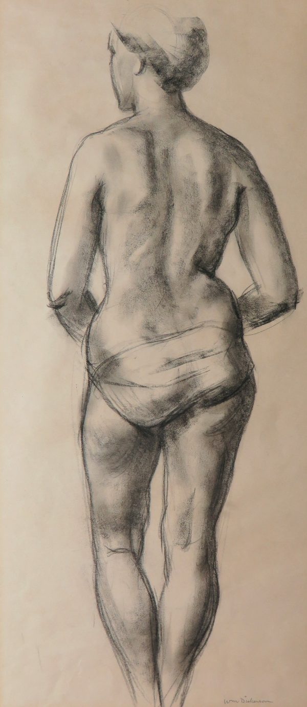 A semi-nude female figure as seen from the back.