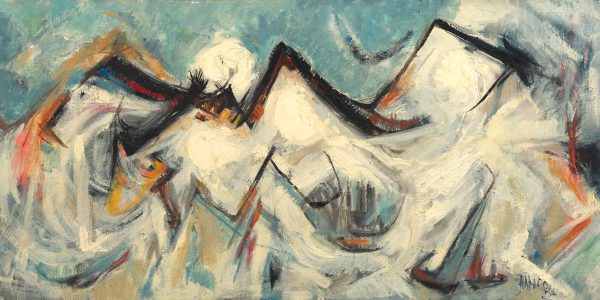 Abstract white mountains with dark outlines along the horizon.