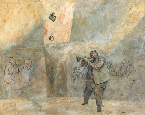 A large man blows a trumpet with sketched outlines of other musicians and audience in an ethereal background.