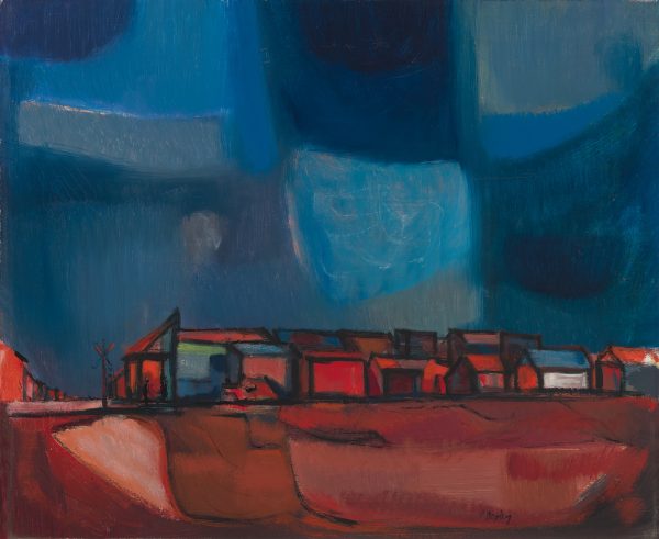 The composition is divided with blues above the horizon and oranges below. A row of buildings are the main street.