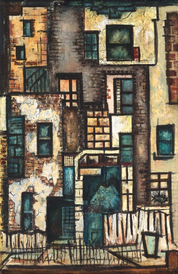 A partially abstracted apartment building with multiple brick patterns, windows, and railings.