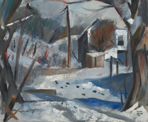 A scene of snow on the ground and the building at top right. A tree is at right, a single wood pole ist at top center and at center are footprints in the snow.