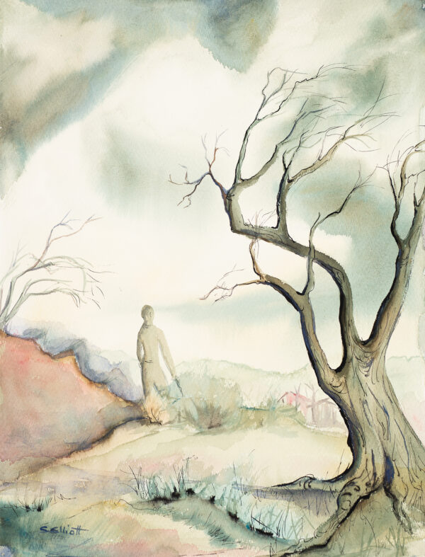 A figure is walking away from the viewer on a path that is turning the corner. A dead tree is at lower right and dark clouds are in the sky.