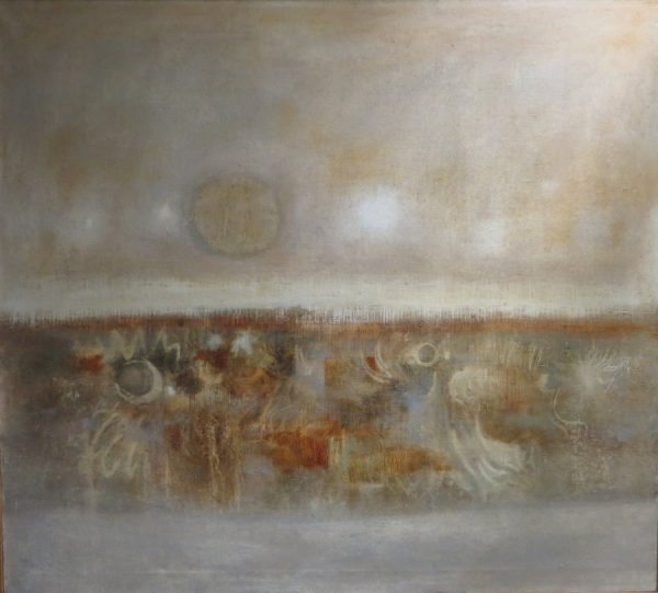 A landscape in tans and oranges. Above the horizon is a faint sun. Below are suggestions of the landscape.