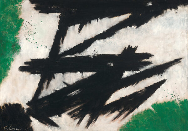 An abstraction of black brushstrokes on off-white background with green in two corners.