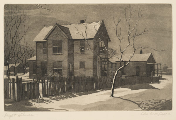 A night scene of a road in front of a two-story clapboard house. There is a picket fence and a tree in front of the house casts a shadow on the road.