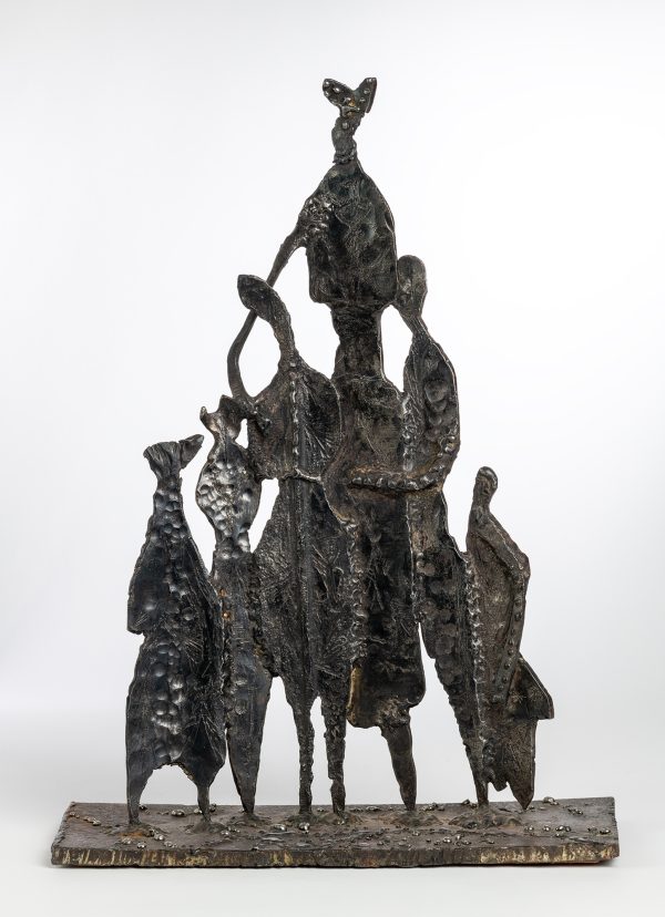 Flat, abstracted figures in a group.