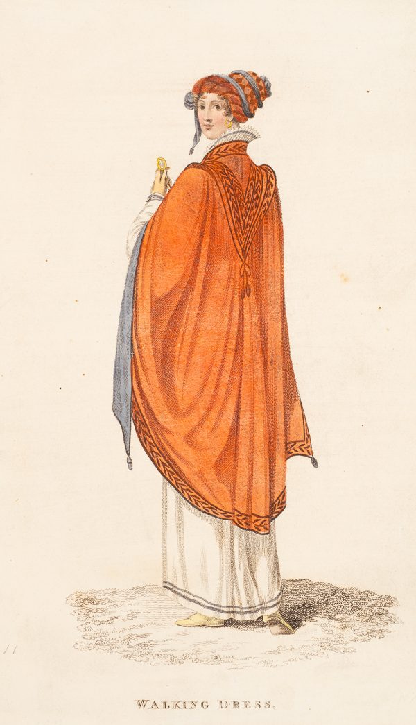 Fashion Print, Woman standing, with red cape, looking over left shoulder.