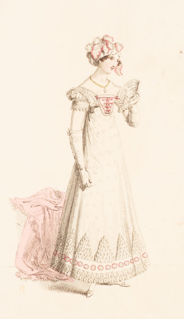 Fashion Print, Woman standing, with white dress, holding a fan.