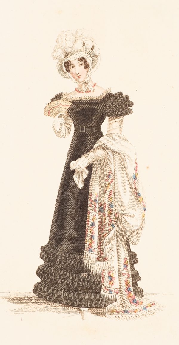Fashion Print, Woman standing, with black dress, holding a fan in right hand and a handkerchief in left hand.