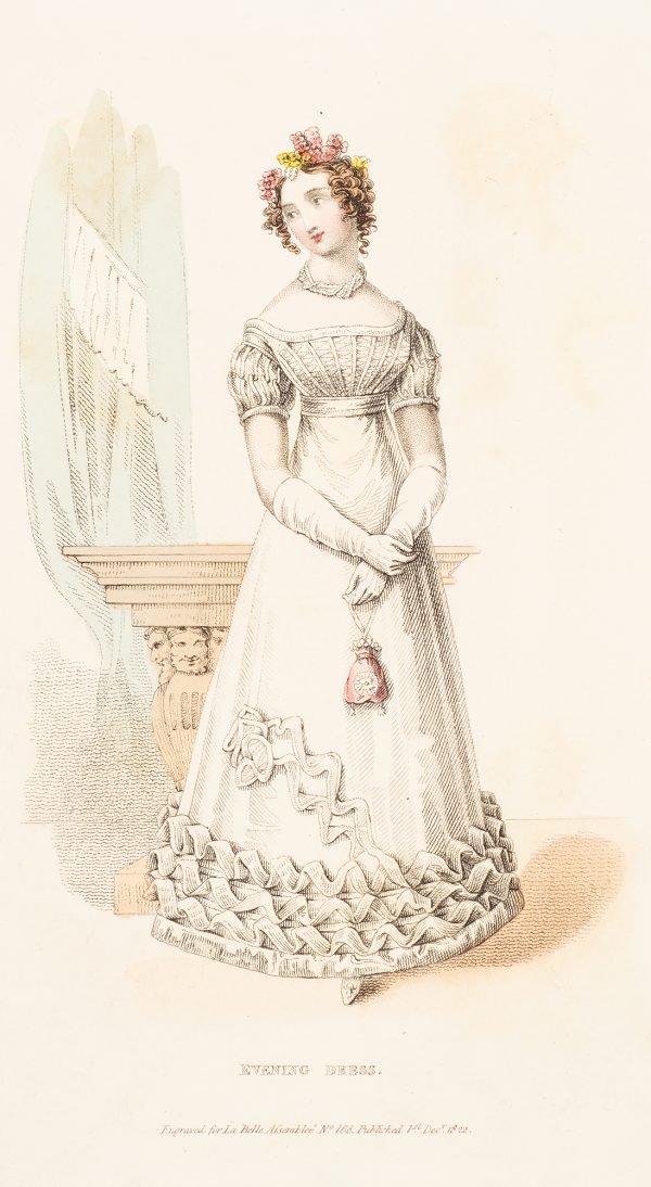 Fashion Print, Woman standing, with white dress, holding pink bag.