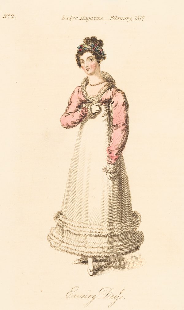 Fashion Print, Woman standing, with pink and white dress, pointing to her left with right arm.