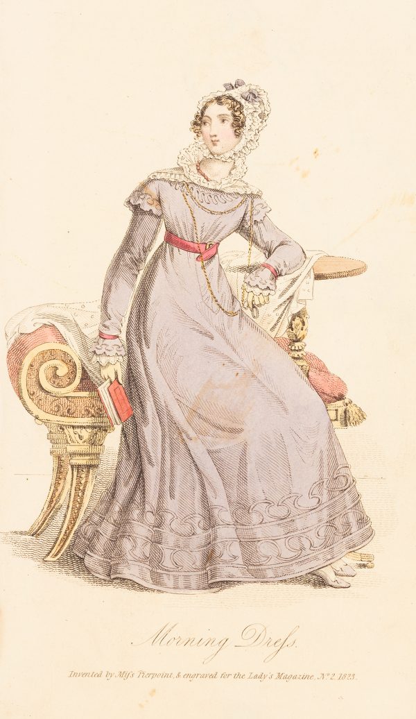 Fashion Print, Woman seated, with blue dress, holding a book.