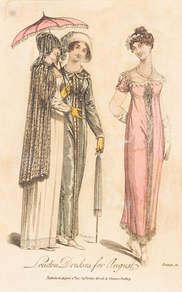 Fashion Print, three women standing; the woman on the left is wearing a white dress and holding an open, pink umbrella. The woman second fro left (center figure) is wearing a blue dress and holding a closed, blue umbrella. The woman on the right is wearig a pink dress.