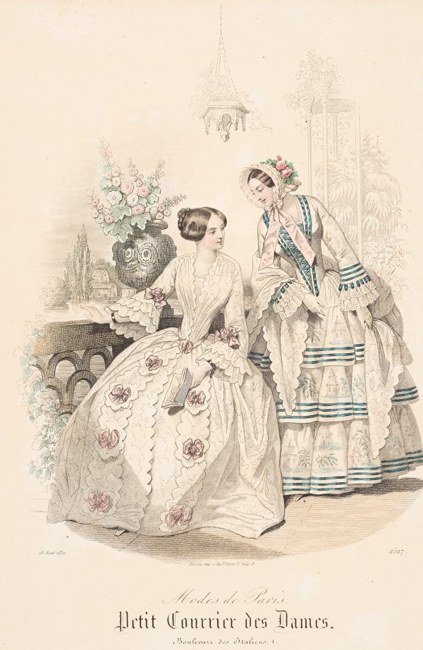 Fashion Print, Two women; one on left seated with white and pink dress holding book, woman on right standing with white and blue dress.