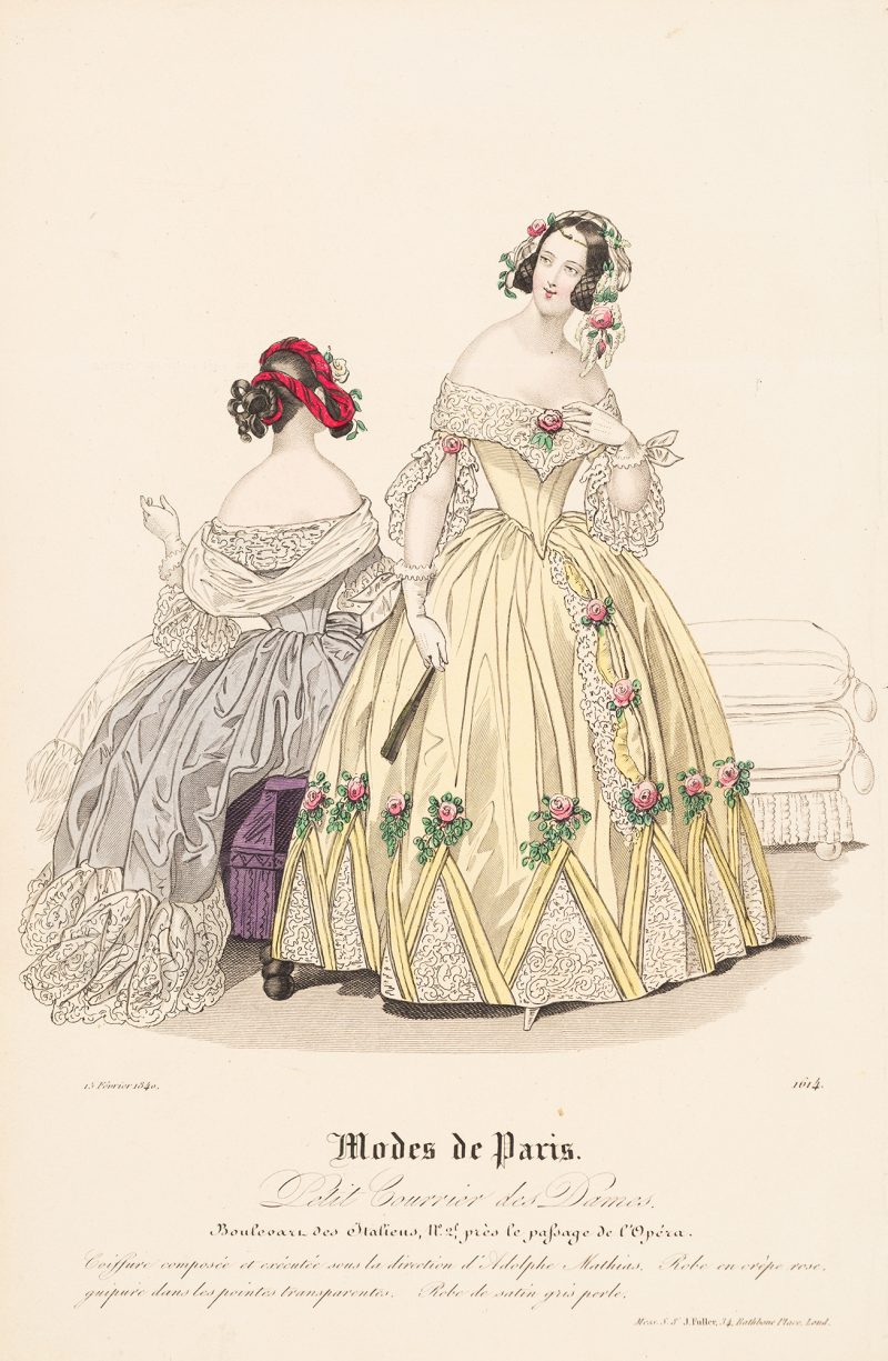 Fashion Print, two women; woman on left seated and facing away with blue and white dress, woman on right standing with yellow dress.