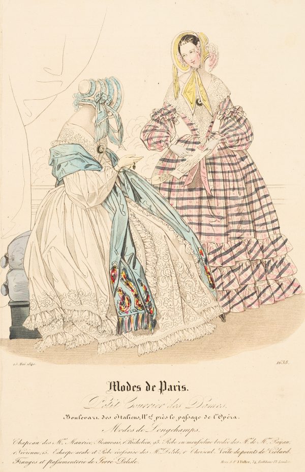 Fashion Print, two women; woman on left seated with white dress and blue, woman on right standing with pink and gray dress.