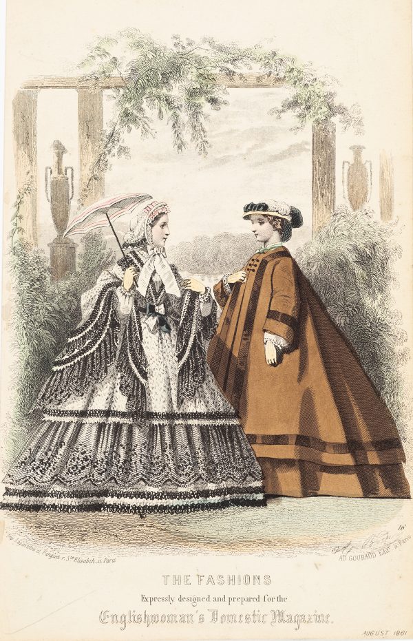 Fashion Print, two women standing; woman on left with white and black dress holding a white and pink umbrella, woman on right with brown dress.